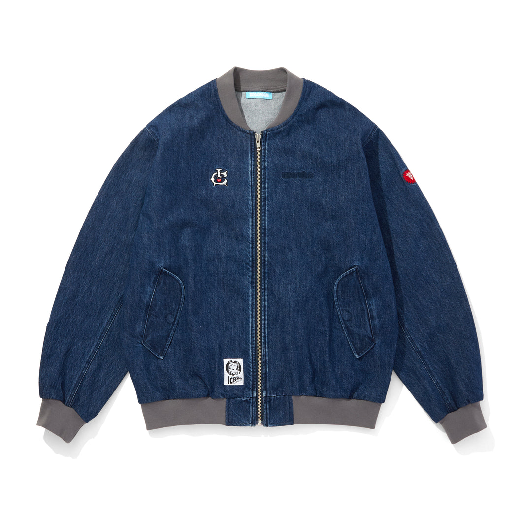 EMBROIDERED LOGO WASHED DENIM ZIP UP JACKET