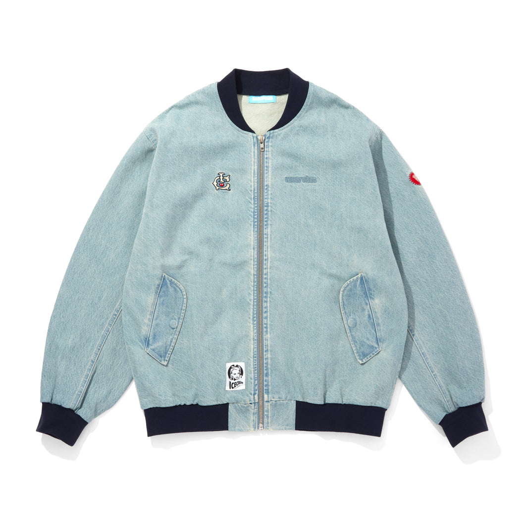 EMBROIDERED LOGO WASHED DENIM ZIP UP JACKET